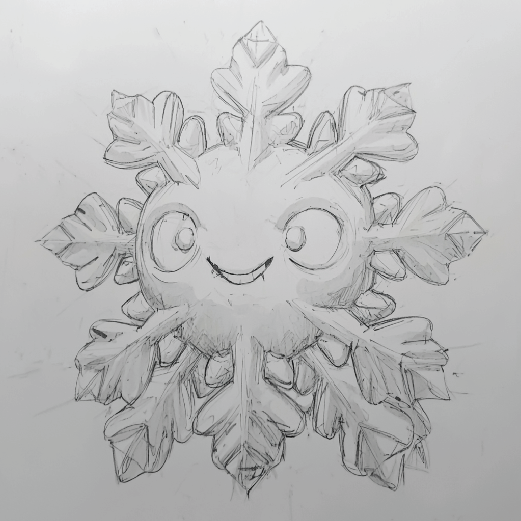 Concept art drawing of a chibi-style snowflake