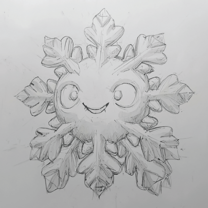 Concept art drawing of a chibi-style snowflake