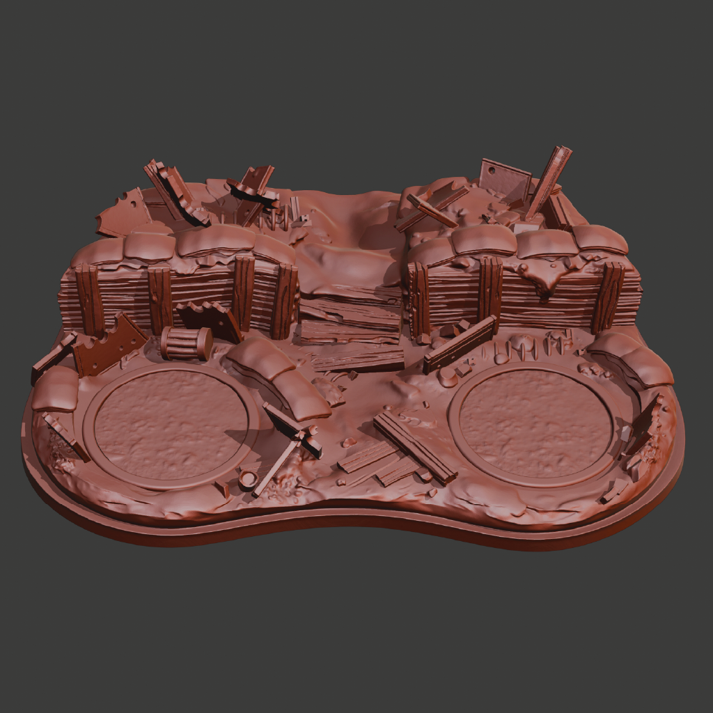 A clay model of a miniature stone battlefield frontline trench set with a wooden sandbag wall, metal girders, and muddy dirt on a dark gradient background.