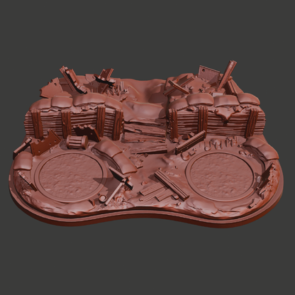 A clay model of a miniature stone battlefield frontline trench set with a wooden sandbag wall, metal girders, and muddy dirt on a dark gradient background.