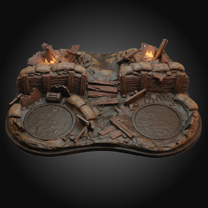 A miniature stone battlefield frontline trench set with a wooden sandbag wall, metal girders, and muddy dirt on a dark gradient background.