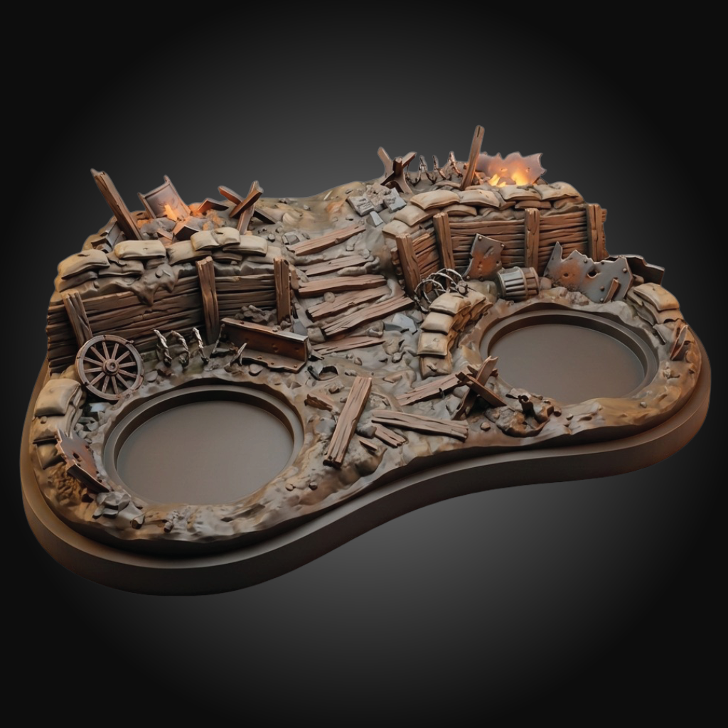 A miniature stone battlefield frontline trench set with a wooden sandbag wall, metal girders, and muddy dirt on a dark gradient background.