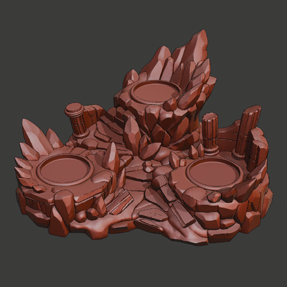 A 3D digital render of a fantasy rock-themed miniature terrain piece, featuring three circular platforms with stone walls, pillars, and sharp spires, shown on a solid dark gray background.