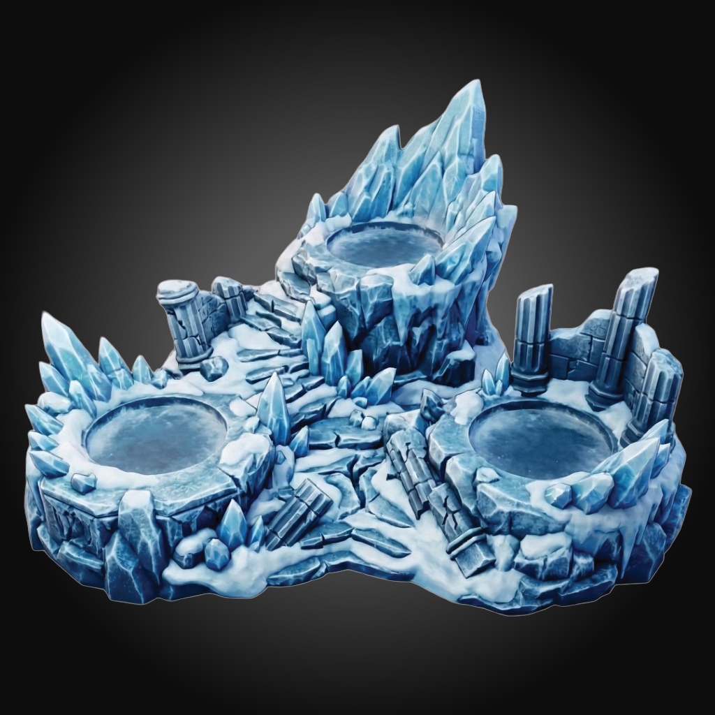 A fantasy ice cave tabletop gaming terrain piece featuring three circular pits surrounded by jagged blue ice formations, rock pillars, and snow-covered details, shown on a dark gradient background.