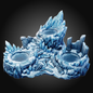 A fantasy ice cave tabletop gaming terrain piece featuring three circular pits surrounded by jagged blue ice formations, rock pillars, and snow-covered details, shown on a dark gradient background.