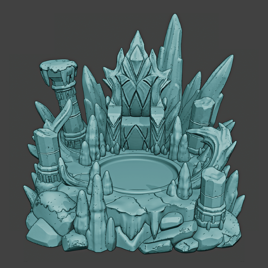 Teal fantasy-style throne with intricate designs on a dark gray background