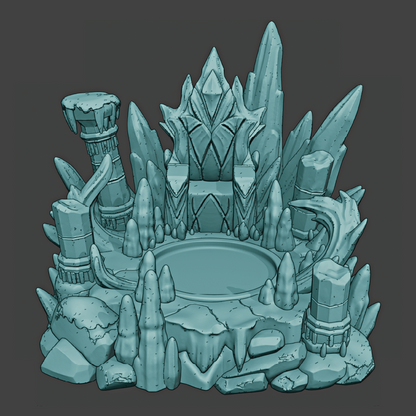 Teal fantasy-style throne with intricate designs on a dark gray background