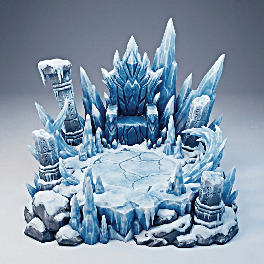 Frosty throne with ice crystals and a sword on a gray background