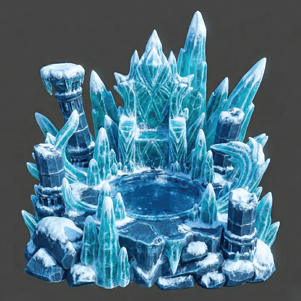 Frozen ice castle with blue crystals on a dark background