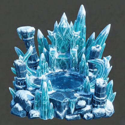 Frozen ice castle with blue crystals on a dark background