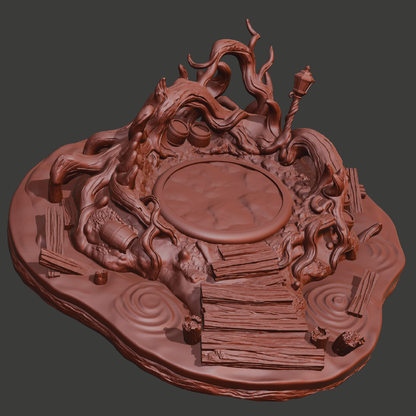 A 3D-rendered fantasy sculpture or decorative object in a uniform reddish-brown color, featuring a circular central platform, winding organic vines, a small lamp post, wooden plank steps, and a textured irregular base, shown on a dark gray background.
