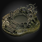 A highly detailed miniature tabletop terrain piece depicting a swampy, gnarled tree-root landscape with a central circular pool, wooden planks, barrels, and a lantern, shown on a dark gradient background.
