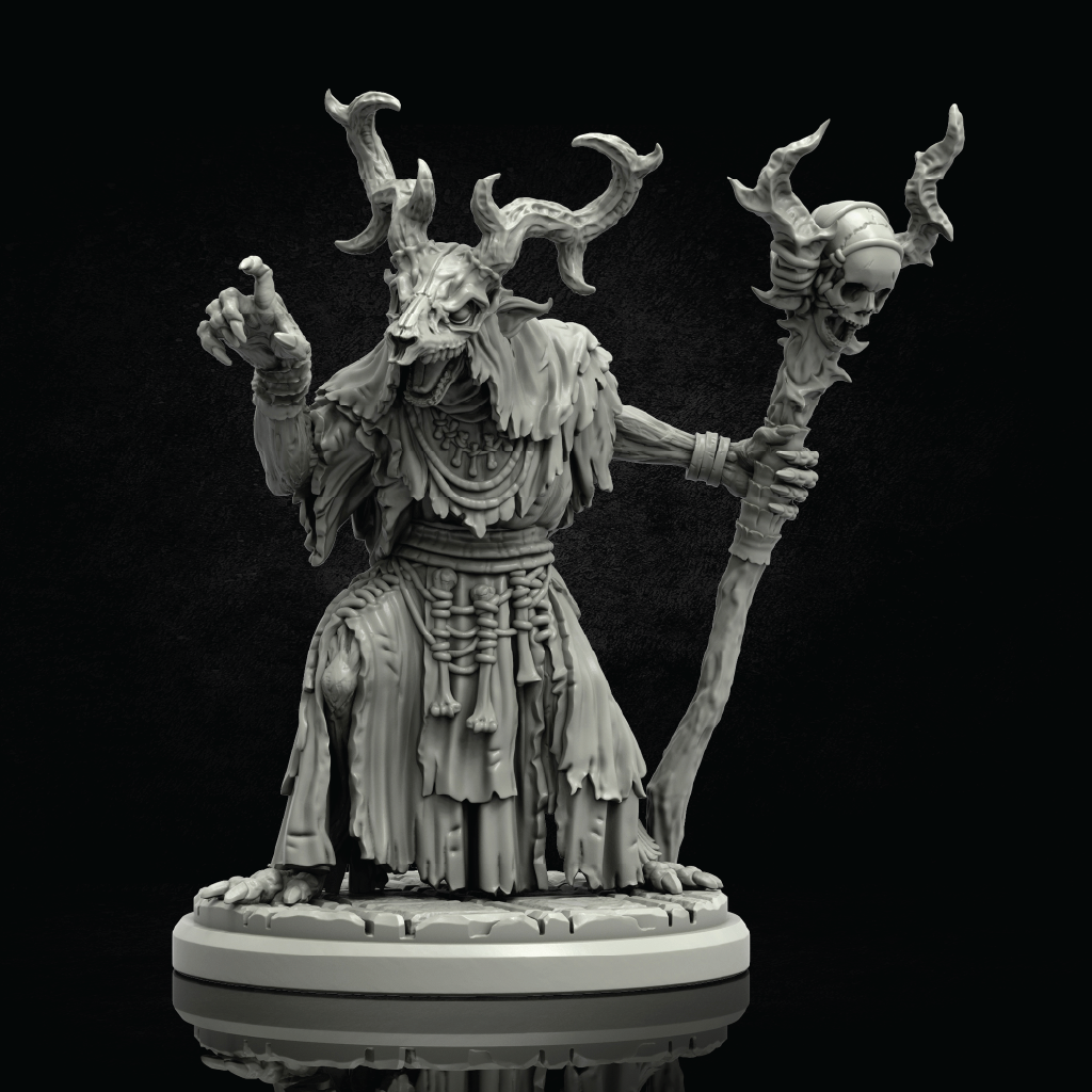 Gray miniature figurine with intricate details on a black background