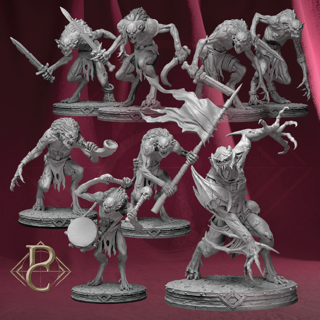 A set of unpainted fantasy zombie/ghoul tabletop miniatures shown in a clean composite layout on a dark red draped background. The figures are posed dynamically with weapons and a flag, all rendered in a uniform light gray resin/plastic finish.