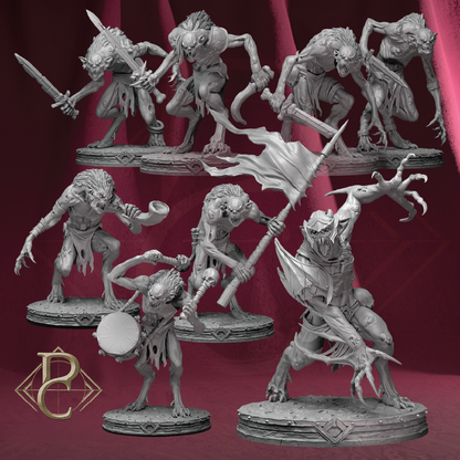 A set of unpainted fantasy zombie/ghoul tabletop miniatures shown in a clean composite layout on a dark red draped background. The figures are posed dynamically with weapons and a flag, all rendered in a uniform light gray resin/plastic finish.