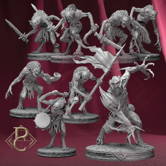 A set of unpainted fantasy zombie/ghoul tabletop miniatures shown in a clean composite layout on a dark red draped background. The figures are posed dynamically with weapons and a flag, all rendered in a uniform light gray resin/plastic finish.