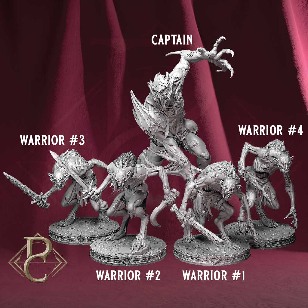 Four unpainted fantasy warrior miniatures labeled Captain, Warrior #1, Warrior #2, and Warrior #3, arranged against a dark draped background with a gold emblem in the lower left.