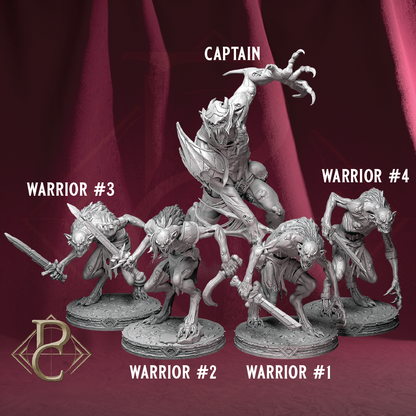 Four unpainted fantasy warrior miniatures labeled Captain, Warrior #1, Warrior #2, and Warrior #3, arranged against a dark draped background with a gold emblem in the lower left.