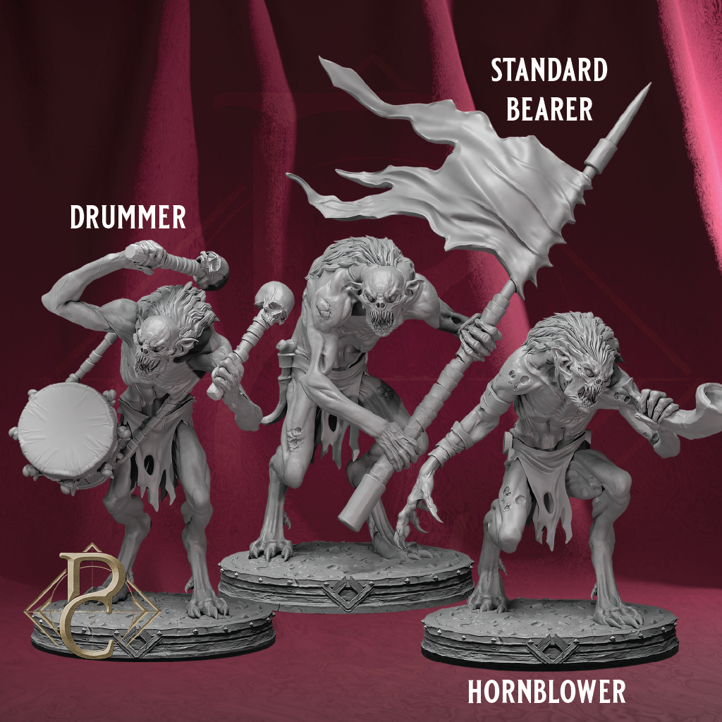 Three unpainted fantasy miniature figures labeled Drummer, Standard Bearer, and Hornblower, shown in gray resin-like form against a dark red draped background. A gold stylized 'B' logo appears in the lower left.