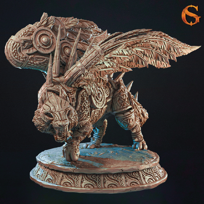 A highly detailed fantasy creature figurine with intricate carvings, metallic armor, and a large winged crest, standing on an ornate circular base against a dark background.