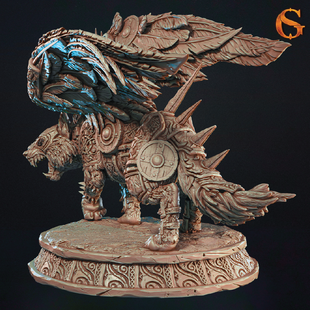A highly detailed fantasy creature figurine or miniature sculpture standing on an ornate round base against a black background. The creature has a wolf-like body with large feathered wings, sharp spikes, carved armor-like patterns, and a shield on its back.
