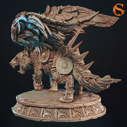 A highly detailed fantasy creature figurine or miniature sculpture standing on an ornate round base against a black background. The creature has a wolf-like body with large feathered wings, sharp spikes, carved armor-like patterns, and a shield on its back.