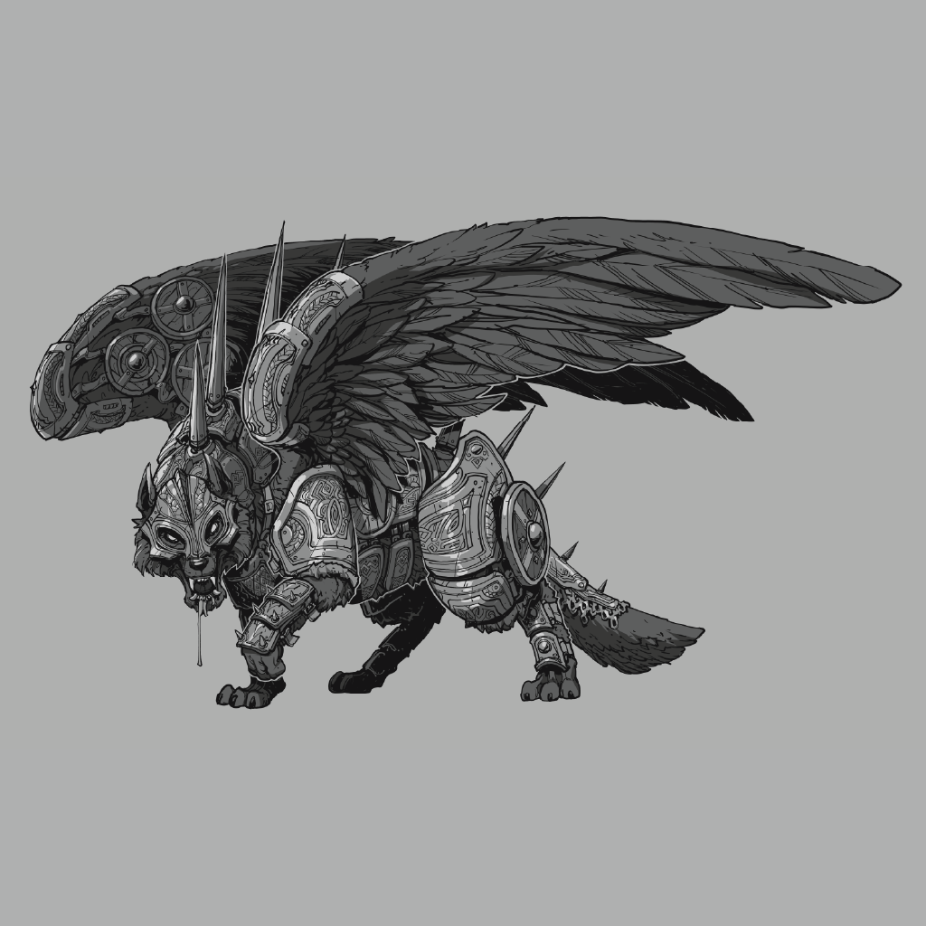 A monochrome fantasy illustration of a winged armored beast, resembling a griffin or mechanical dragon, shown in profile against a plain gray background.