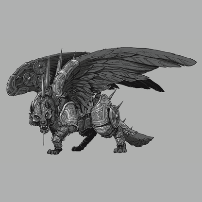 A monochrome fantasy illustration of a winged armored beast, resembling a griffin or mechanical dragon, shown in profile against a plain gray background.