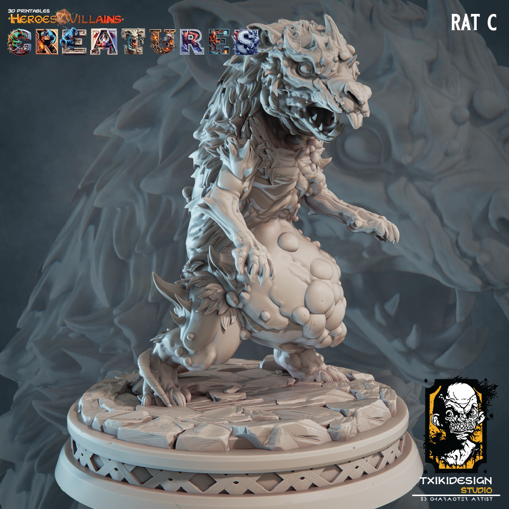 3D render of a giant infected rat miniature for tabletop gaming