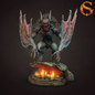 A detailed fantasy monster statue with large pinkish wings, sharp claws, and a dark textured body, posed on a rocky base with glowing flames and skulls. The image has a dark brown background and an orange stylized 'G' logo in the top right corner.