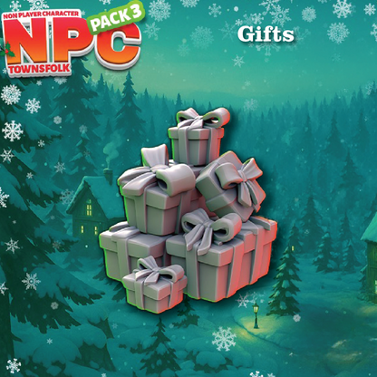 A digital graphic showing a stack of wrapped Christmas gift boxes with bows, set against a snowy pine forest background. The top-left corner features the text 'NPC TOWNSFOLK PACK 3' and the top-right says 'Gifts'.