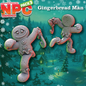 Promotional graphic for an NPC pack featuring a gingerbread man character in a snowy winter village. Two 3D-rendered gingerbread men are shown floating over a teal forest with houses and snowflakes.