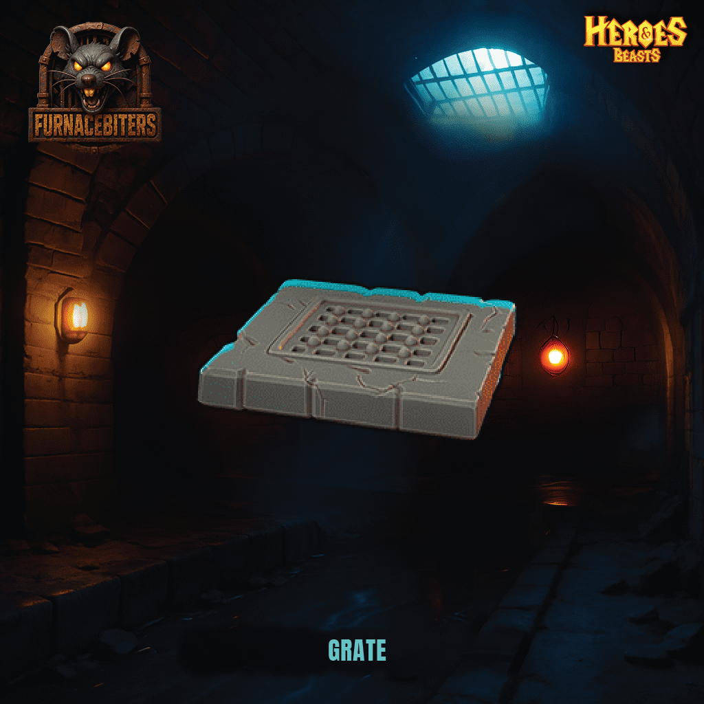 Grate in a dark, dungeon-like setting with 'Furnace of Bitters' logo and 'Heroes Beasts' branding.