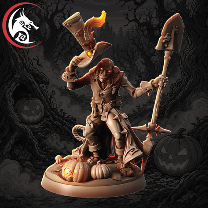 A Halloween-themed fantasy miniature figurine of a hooded ghostly figure holding a glowing hat and a shovel, posed on a pumpkin-covered base against a dark spooky forest background. A red and black dragon logo is visible in the top-left corner.