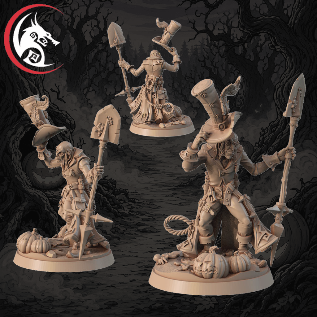 Four unpainted fantasy tabletop miniatures of a whimsical character in a top hat and coat, each holding a shovel and standing on round bases, shown against a dark illustrated forest background. A dragon-head logo appears in the top-left corner.