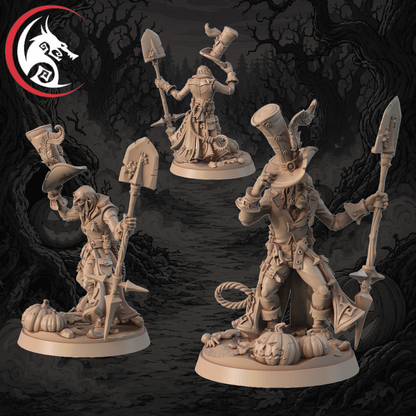 Four unpainted fantasy tabletop miniatures of a whimsical character in a top hat and coat, each holding a shovel and standing on round bases, shown against a dark illustrated forest background. A dragon-head logo appears in the top-left corner.