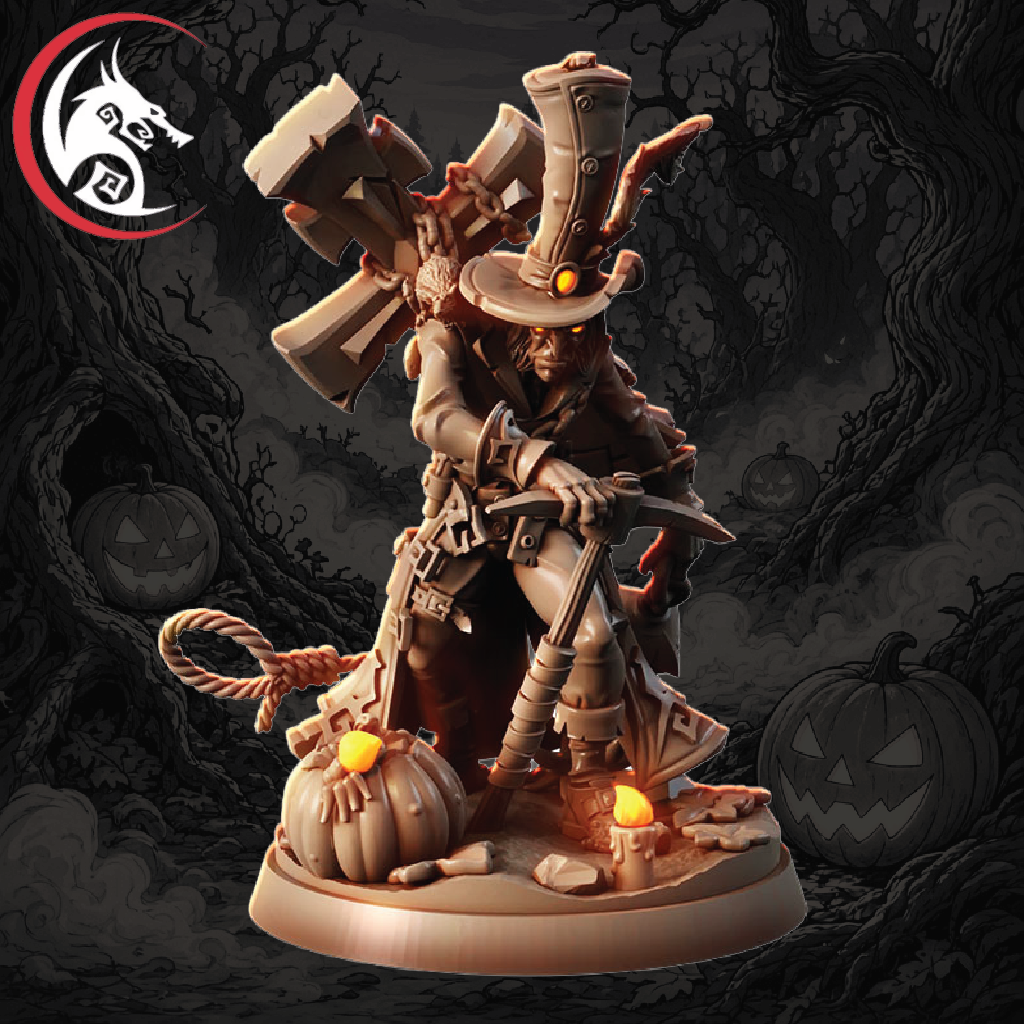 A Halloween-themed tabletop miniature figurine of a skeleton wizard in a tall hat, holding a staff and dagger, standing on a round base with pumpkins, candles, and a rope. The background is a dark spooky forest scene with jack-o'-lanterns.