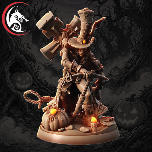 A Halloween-themed tabletop miniature figurine of a skeleton wizard in a tall hat, holding a staff and dagger, standing on a round base with pumpkins, candles, and a rope. The background is a dark spooky forest scene with jack-o'-lanterns.