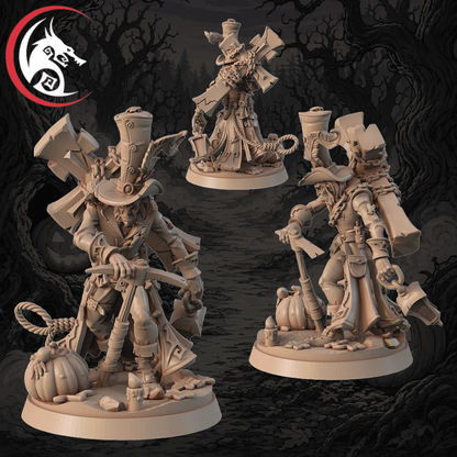 Three unpainted tabletop gaming miniatures of a gothic, steampunk-style character shown from different poses on round bases against a dark fantasy forest background. A red and white dragon logo is visible in the top-left corner.