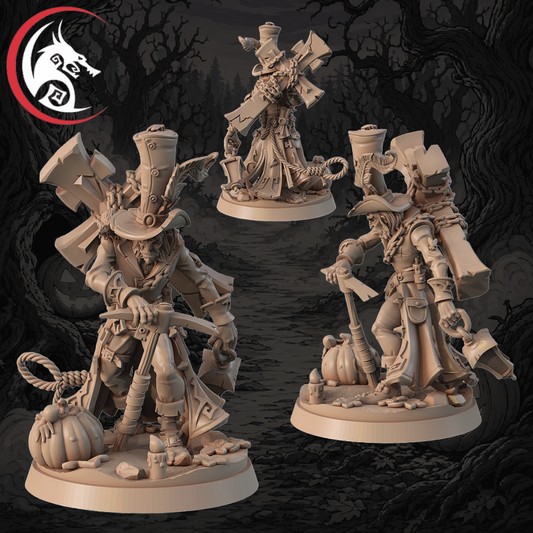Three unpainted tabletop gaming miniatures of a gothic, steampunk-style character shown from different poses on round bases against a dark fantasy forest background. A red and white dragon logo is visible in the top-left corner.
