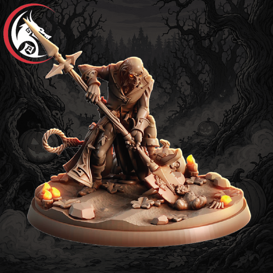 A painted fantasy miniature figure of a skeletal warrior holding a large spear and shovel, posed on a circular base with candles and rocks, set against a dark illustrated forest background.