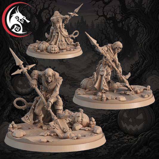 Three unpainted fantasy tabletop miniatures on round bases, shown against a dark spooky forest background. The figures appear to be a warrior with a spear, a cloaked figure, and a zombie-like creature with a scythe, all in a light beige resin/plastic finish.