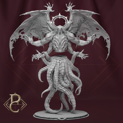 Gray fantasy creature figurine with wings on a dark red background