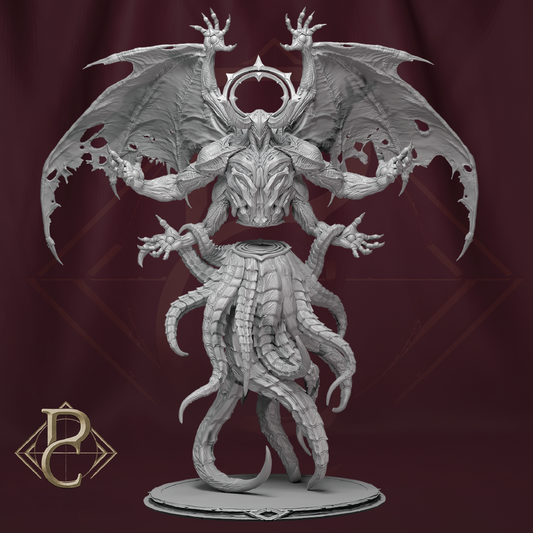 Gray fantasy creature figurine with wings on a dark red background