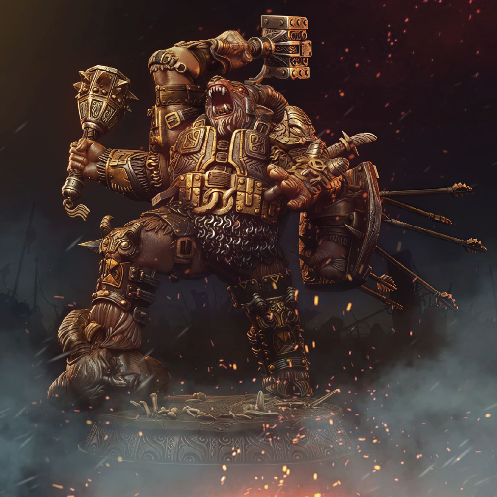 Detailed artistic color render of a demon goat warrior with armor and weapons on a dark background