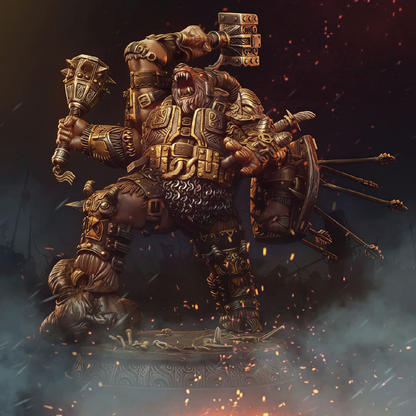 Detailed artistic color render of a demon goat warrior with armor and weapons on a dark background