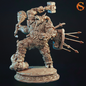 Detailed 3D render of a demon goat warrior with armor and weapons on a dark background