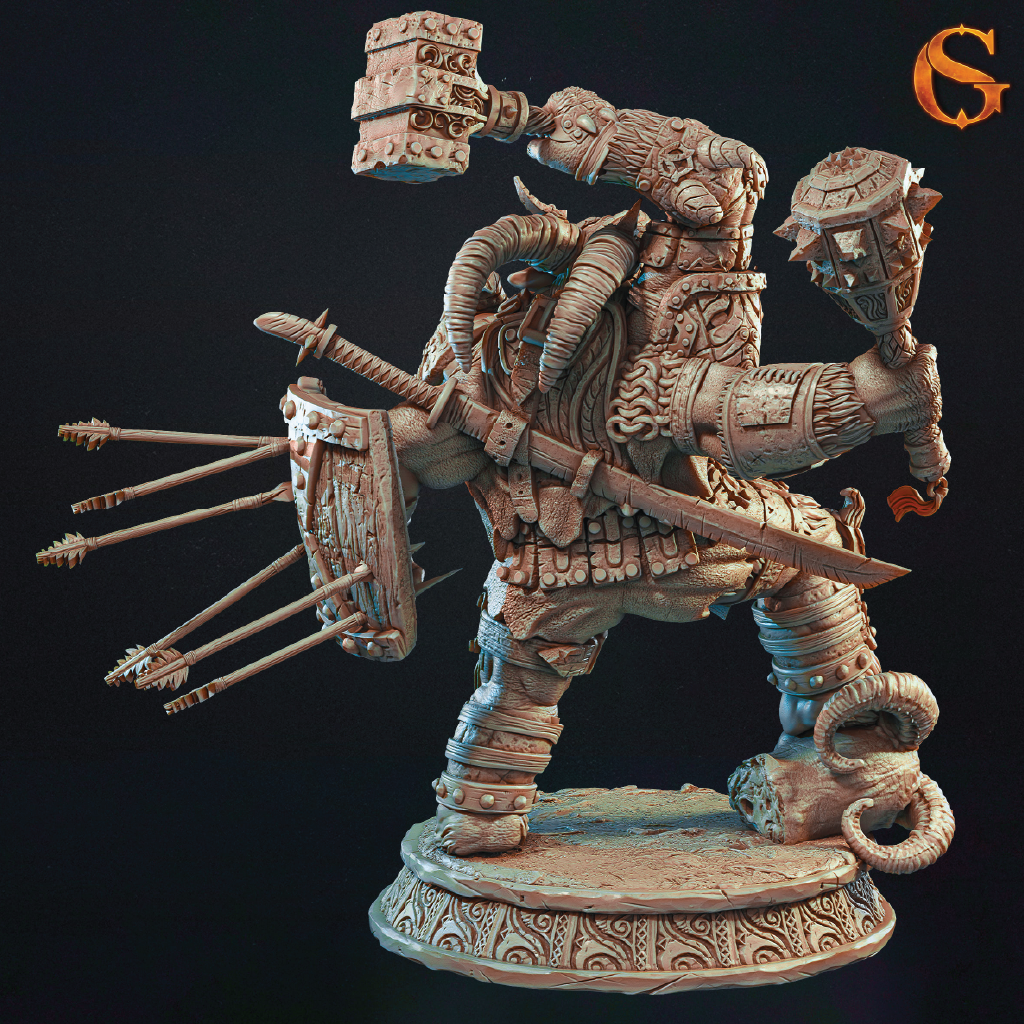 Detailed 3D render of a demon goat warrior with armor and weapons on a dark background seen from the back