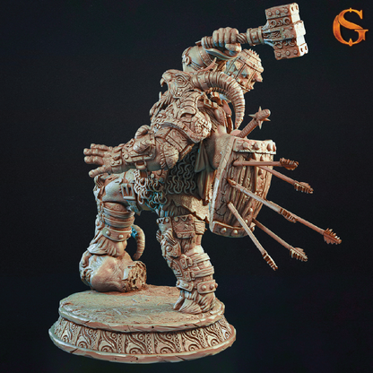 Detailed 3D render of a demon goat warrior with armor and weapons on a dark background seen from the side