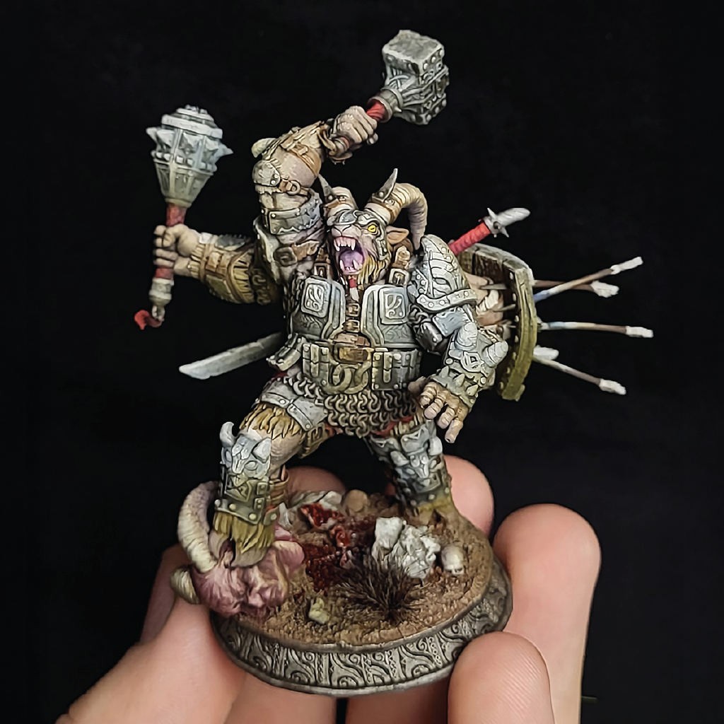 Detailed painted miniature of a demon goat warrior with armor and weapons on a dark background
